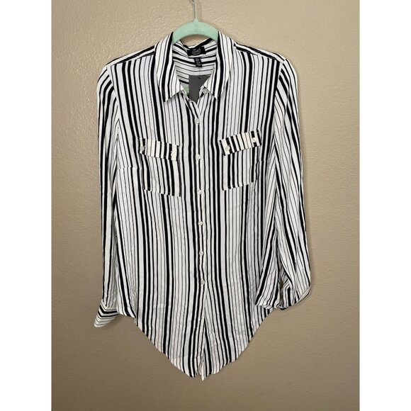 Jones New York Signature Womens Black White Striped Button-Down Shirt Large NEW - Picture 2 of 8